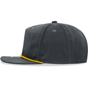 A grey 5 panel high profile relaxed rope hat with a yellow rope detail along the brim and a logo on the front.
