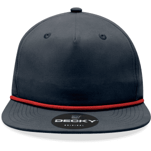 A navy blue 5 panel high profile relaxed rope hat with a red rope detail and a logo on the front.