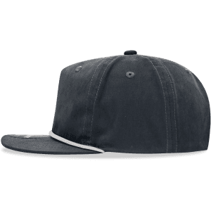 A high-profile, relaxed 5-panel rope hat in grey, featuring a flat brim and a logo on the side.