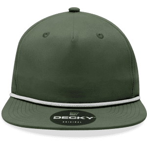 A high-profile, relaxed olive green rope hat with a white accent and a logo on the front.