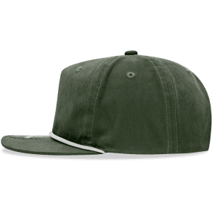 A green 5 panel high profile relaxed rope hat, featuring a white rope detail and a logo on the front.