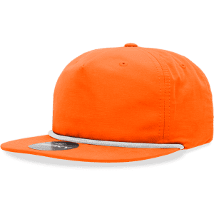 An orange 5 Panel High Profile Relaxed Rope Hat with a black brim and a logo on the front.