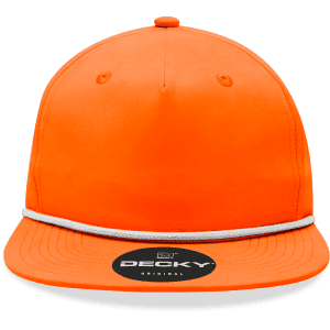 An orange 5 Panel High Profile Relaxed Rope Hat featuring a white rope detail and a circular logo on the brim.
