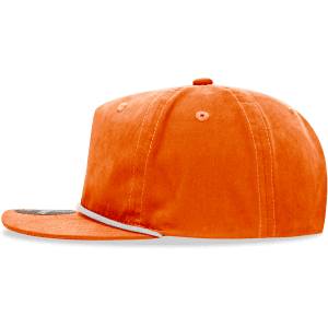 A high-profile, relaxed rope hat in orange, featuring a contrasting peak and a logo on the front.