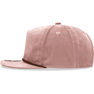 A pink 5 panel high profile relaxed rope hat with a curved brim and a logo on the front.