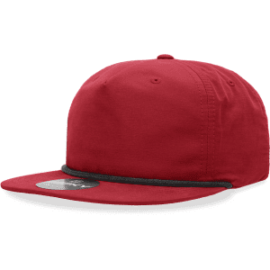 A red 5 panel high profile relaxed rope hat, featuring a flat brim and a logo on the front.