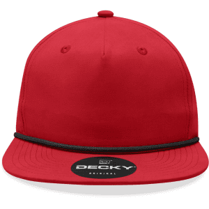 A red high-profile relaxed rope hat with a black brim and a logo on the front.