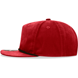 A red 5-panel high profile relaxed rope hat featuring a curved brim and a logo on the front.