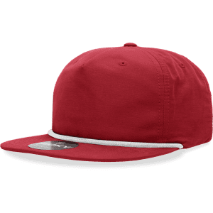 A red 5 Panel High Profile Relaxed Rope Hat with a contrasting rope detail and a logo.