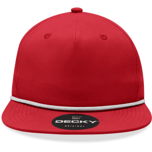A red 5 Panel High Profile Relaxed Rope Hat featuring a white rope accent and a circular logo on the front.