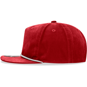 A red 5 Panel High Profile Relaxed Rope Hat with a flat brim and a logo on the front.