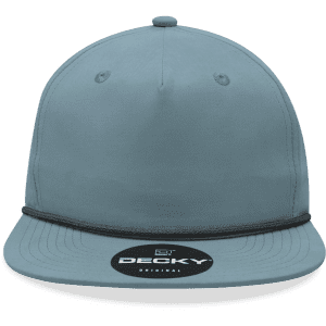 A high-profile relaxed rope hat in light grey, featuring a round crown, flat brim, and a logo on the front.