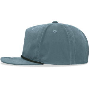 A grey 5 Panel High Profile Relaxed Rope Hat with a flat brim and a logo on the front.