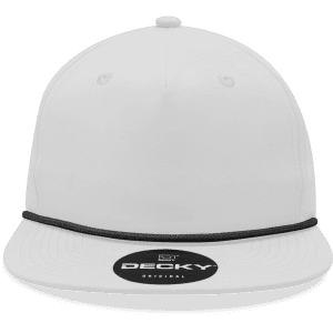 A white high profile relaxed rope hat featuring a black band and a logo on the front.