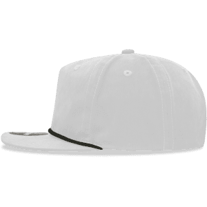 A white 5 panel high profile relaxed rope hat featuring a black rope detail along the front. It has a logo on the side.