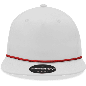 A white high-profile hat with a relaxed fit and a red rope detail, featuring a brand logo on the front.