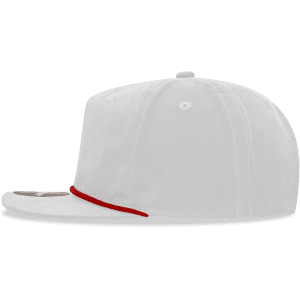A white 5 panel high profile relaxed rope hat with a red accent, featuring a branded logo on the front.