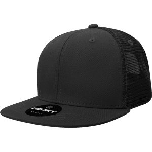 A black high-profile structured trucker cap with mesh sides and a flat brim. Features a logo on the front.