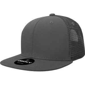 A grey 6-panel high profile trucker cap with a mesh back and a logo.