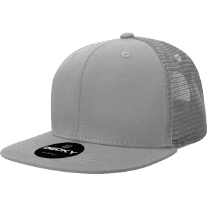 A grey 6-panel high profile structured trucker cap with a mesh back and a logo on the front.