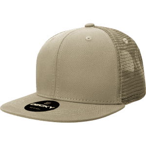 A high-profile structured trucker cap in khaki with a mesh back and a logo on the front.