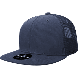A high-profile structured trucker cap in navy blue, featuring a mesh back and a circular logo on the front.