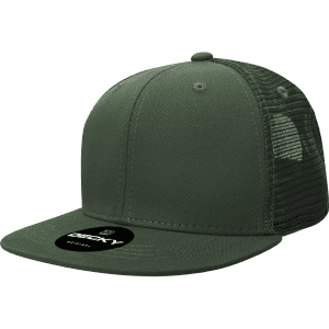 A green 6 panel high profile structured trucker cap with a mesh back and a logo on the side.