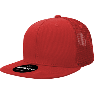 A red 6 panel high-profile structured trucker cap with a mesh back and a logo.