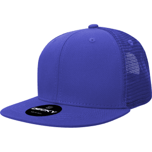 A purple high-profile structured trucker cap with a mesh back and a logo on the front.
