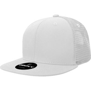 A white 6 panel high profile structured trucker cap with a mesh back and a logo on the front.