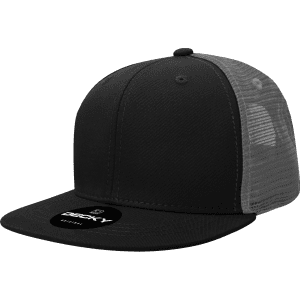 A black high-profile structured trucker cap with a mesh back and a logo on the front.