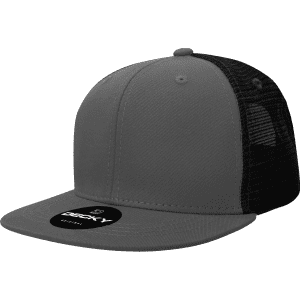A grey high-profile structured trucker cap with a black mesh back and an attached logo.