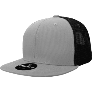 A grey high-profile structured trucker cap with a black mesh back and a circular logo on the front.