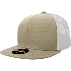 A high-profile structured trucker cap in khaki with a white mesh back and a branded tag on the front.