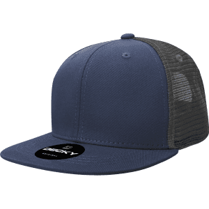 A structured trucker cap in navy blue with a mesh back and a logo on the front.