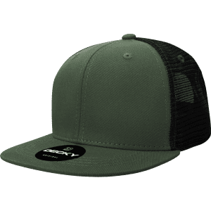 A green high profile structured trucker cap with a black mesh back and a logo on the front.