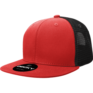 A red and black 6 panel high profile structured trucker hat with a mesh back and a logo.