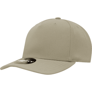 A 5 panel mid profile structured cap in a beige colour with a logo on the front.