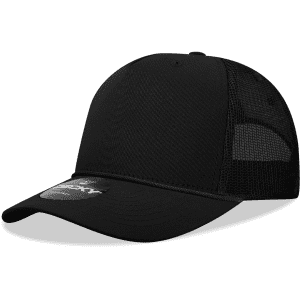 A high-profile structured trucker cap in black, featuring mesh side panels and a branded logo.