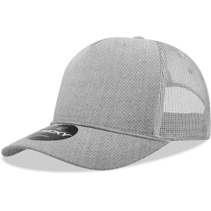 A grey structured trucker cap with a mesh back and a logo, featuring a curved brim.