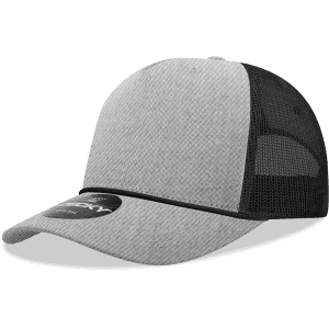 A grey and black 5-panel high profile structured trucker cap with a mesh back and a logo.