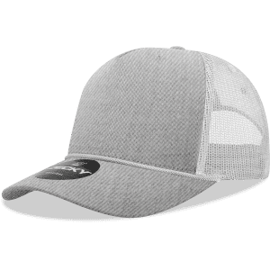 A grey 5-panel high profile structured trucker cap with a mesh back and a logo on the front.