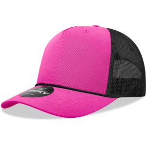 A pink 5 panel high profile structured trucker cap with a black mesh back and a logo.