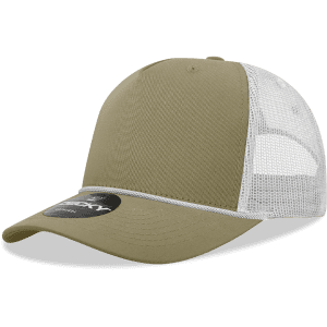 A high-profile structured trucker cap in olive green with a white mesh back and a logo.