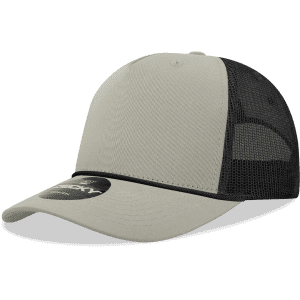 A high-profile structured trucker cap in grey with a black mesh back and an attached logo.