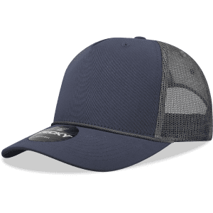 A navy blue trucker cap with a high-profile structure and a mesh back. It features a logo on the front.