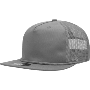 A grey 5 panel high-profile relaxed trucker cap with mesh panels and a logo.