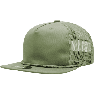 A high-profile, relaxed green trucker cap with a mesh back and a flat peak, featuring a logo.