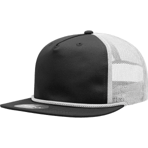 A black and white high profile relaxed trucker cap with a mesh back and a branding logo.