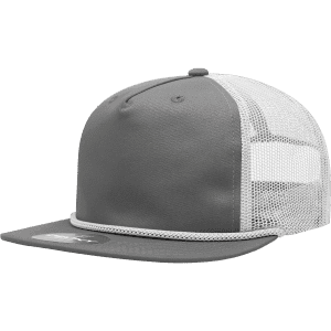 A grey 5 Panel High Profile Relaxed Trucker hat with a mesh back and a contrasting rope detail. It features a logo.